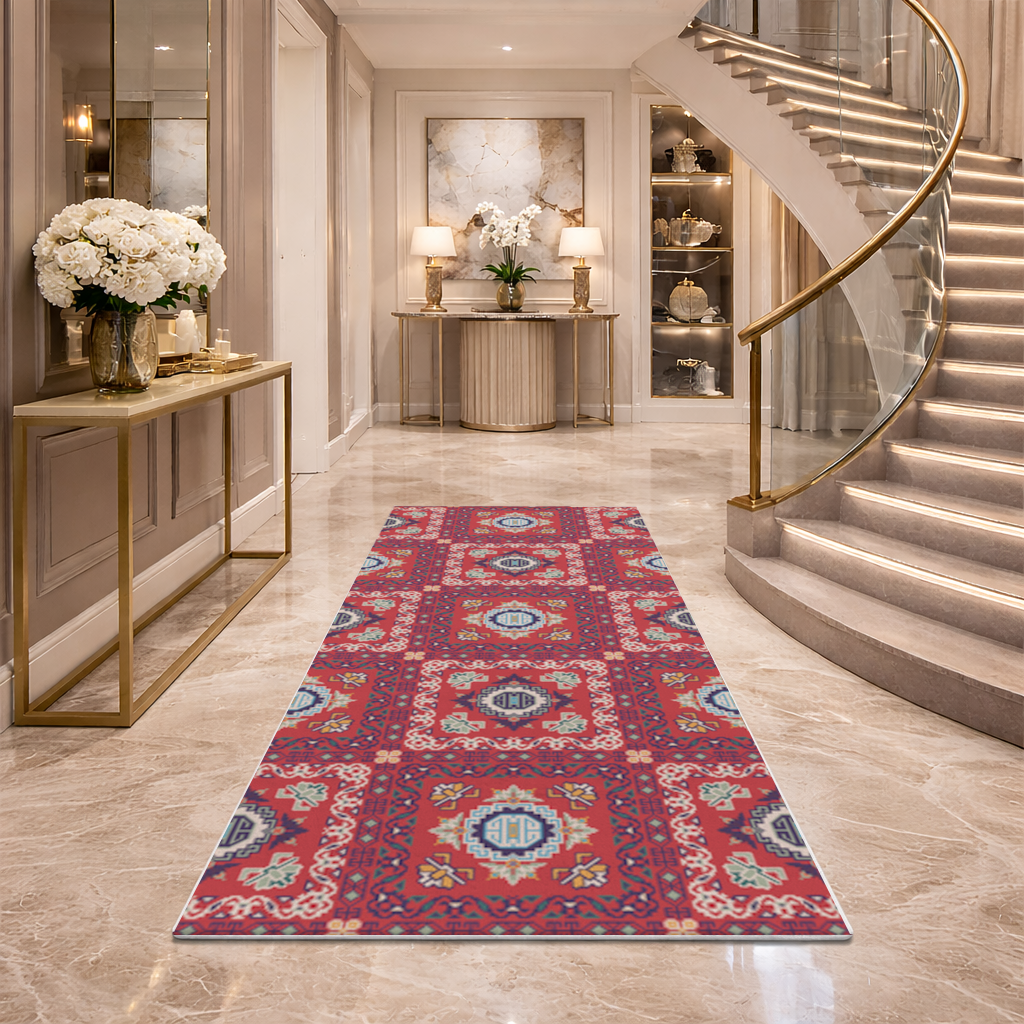 Traditional Kilim Inspired Red Ethnic Geometric Pattern Hallway & Entryway Rug