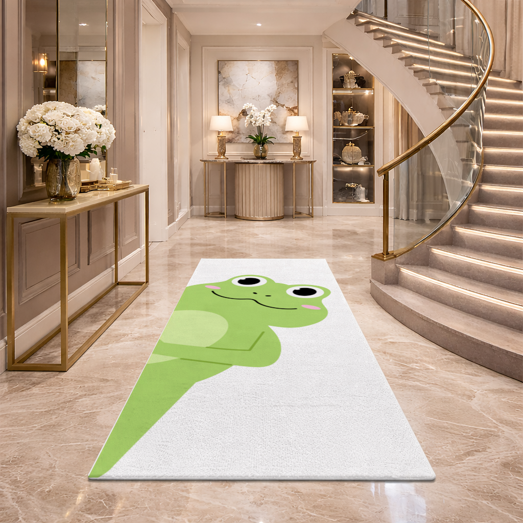Cute Green Frog Peek-a-Boo Illustration Hallway & Entryway Rug