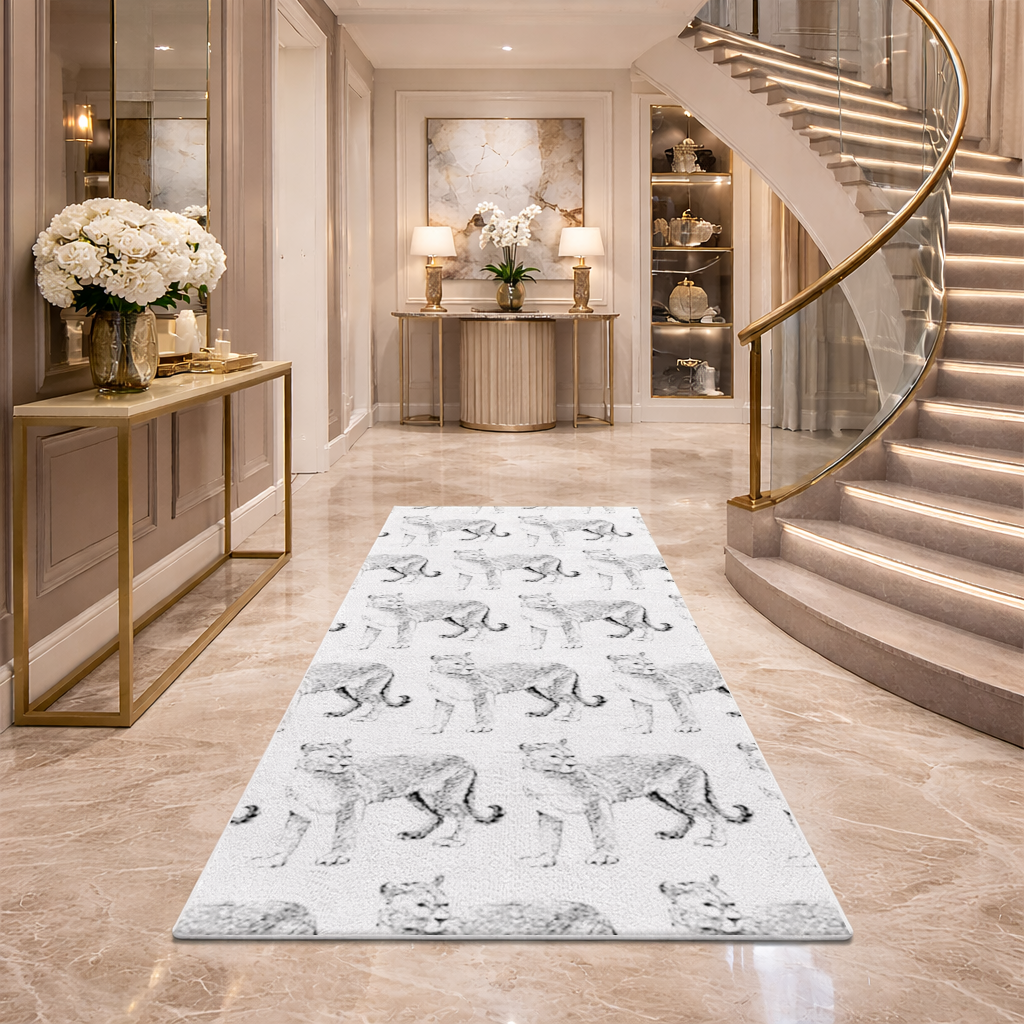 Black and White Wild Cat Sketch Illustration Hallway & Entryway Rug