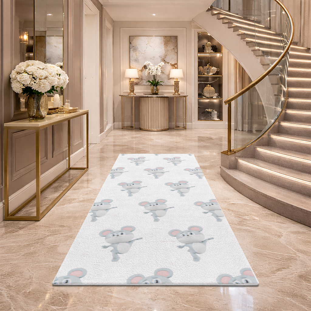 Dancing Cute Grey Mouse Character Hallway & Entryway Rug