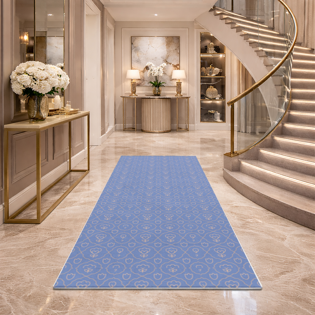Orange Linear Floral Pattern on Blue Hallway & Entryway Rug