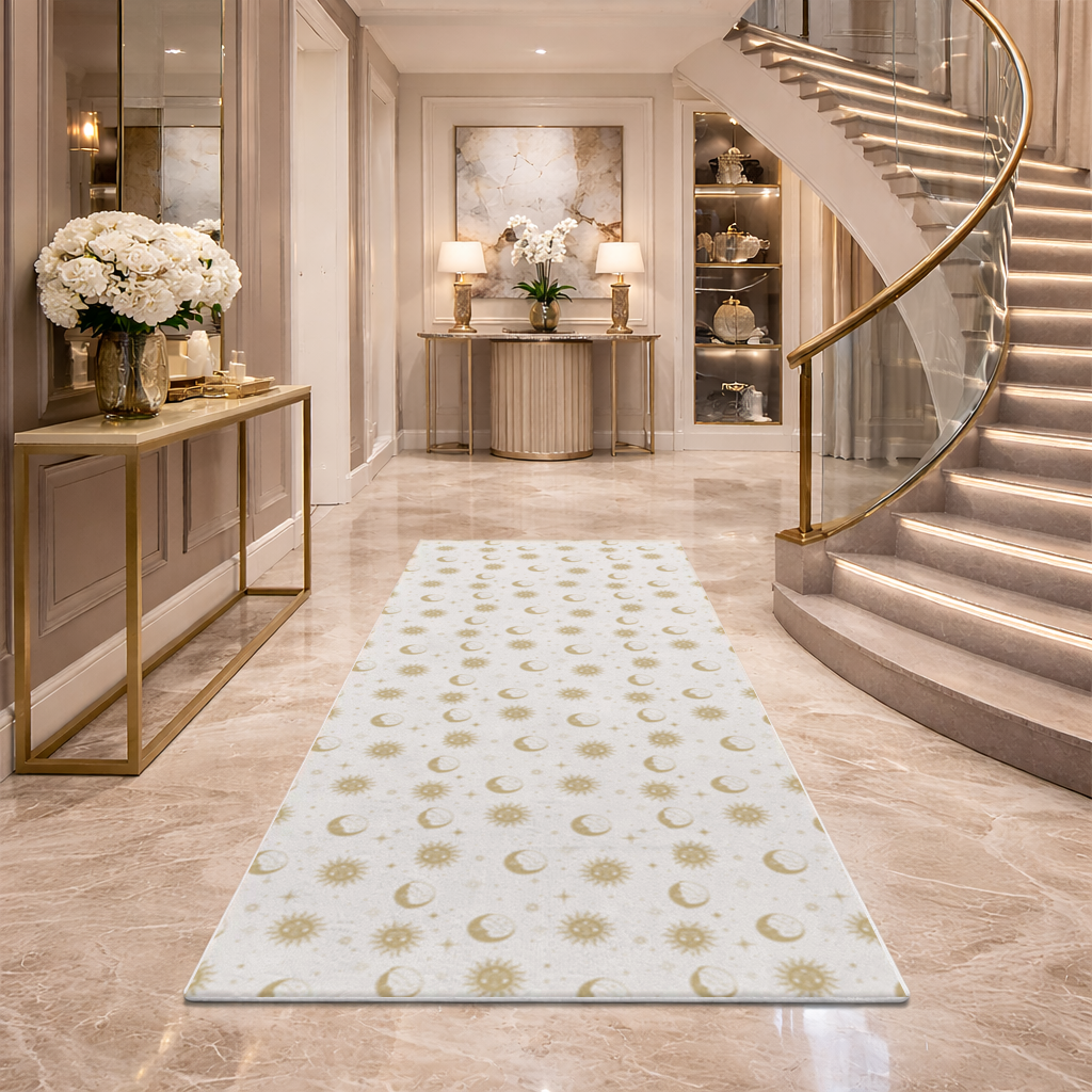 Golden Sun and Moon Mystical Pattern Hallway & Entryway Rug