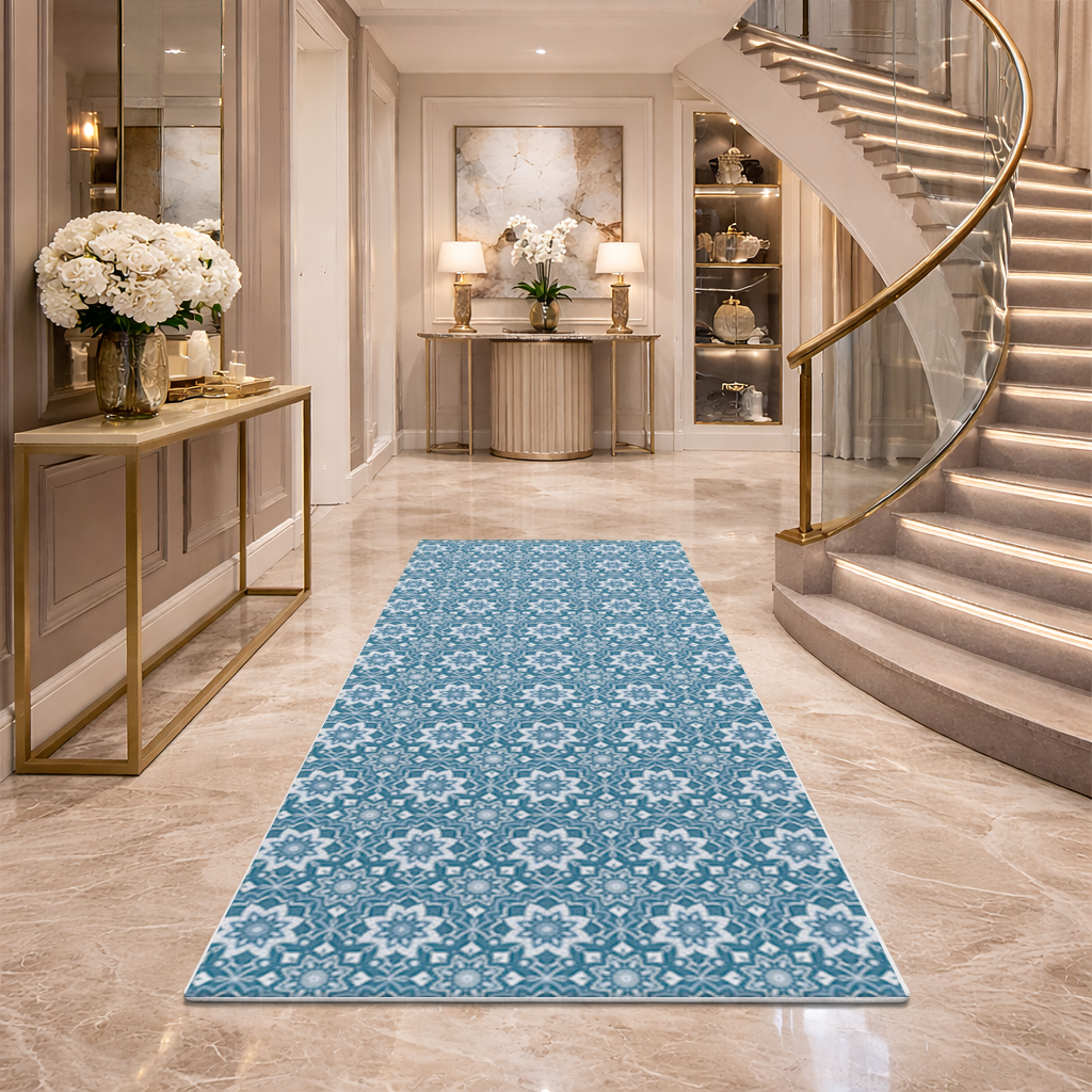 Elegant Blue Mandala Pattern Hallway & Entryway Rug