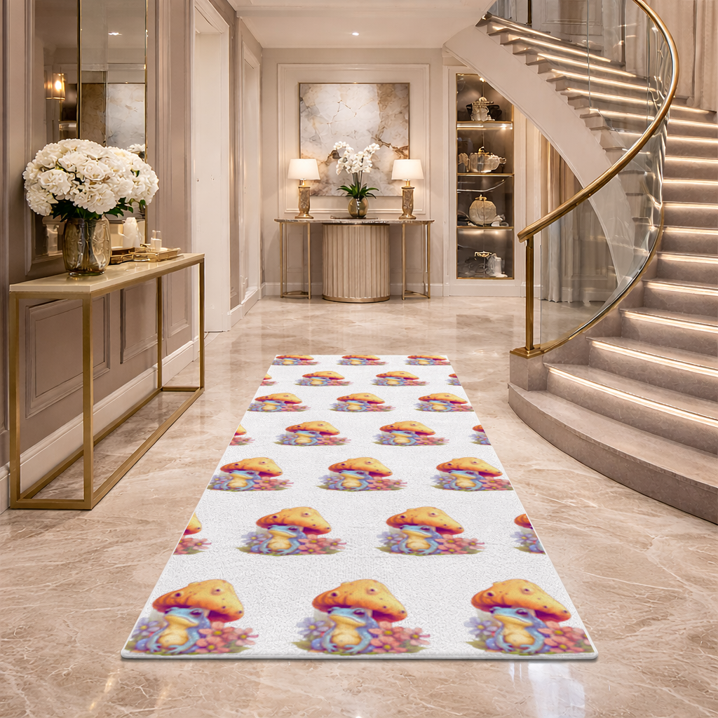 Blue Frog Resting Under Orange Mushroom Hallway & Entryway Rug