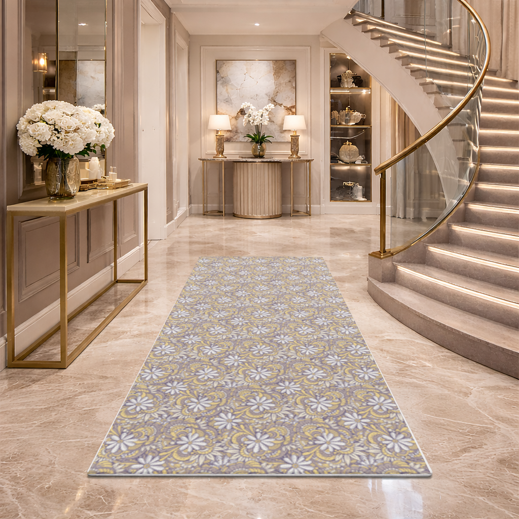 Retro Floral Doodle and Mandala Pattern Hallway & Entryway Rug