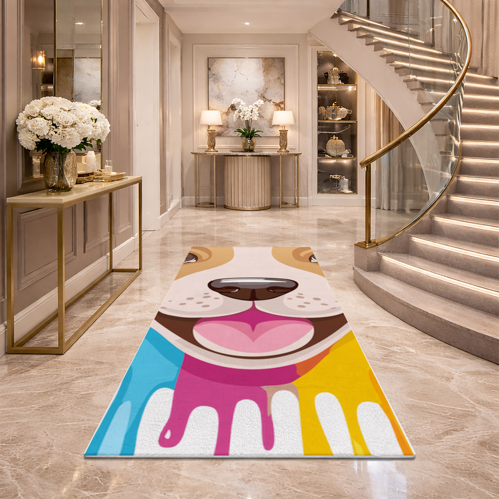 Happy Dog with Colorful Paint Drips Hallway & Entryway Rug