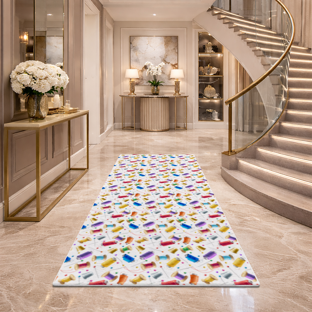 Colorful Thread Spools and Sewing Tools Pattern Hallway & Entryway Rug