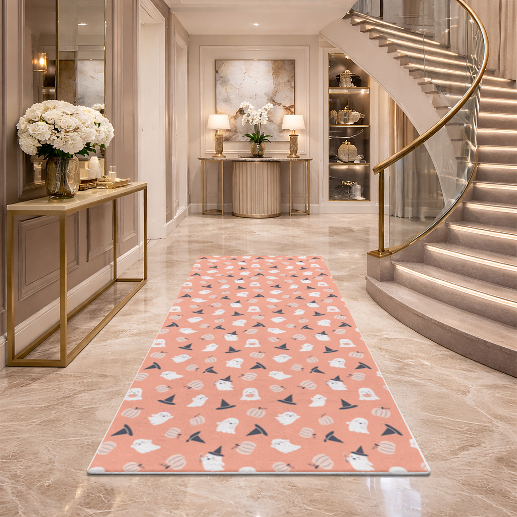 Cute Pumpkin and Witch Hat Ghost Pattern Hallway & Entryway Rug