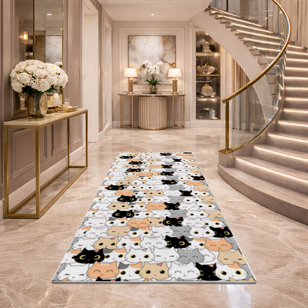 Colorful Cute Cat Faces Seamless Pattern Hallway & Entryway Rug