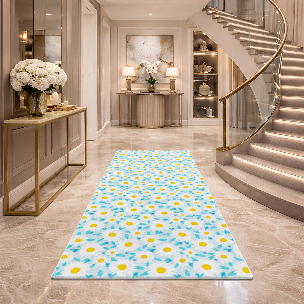 Daisy Garden and Turquoise Leaves Pattern Hallway & Entryway Rug