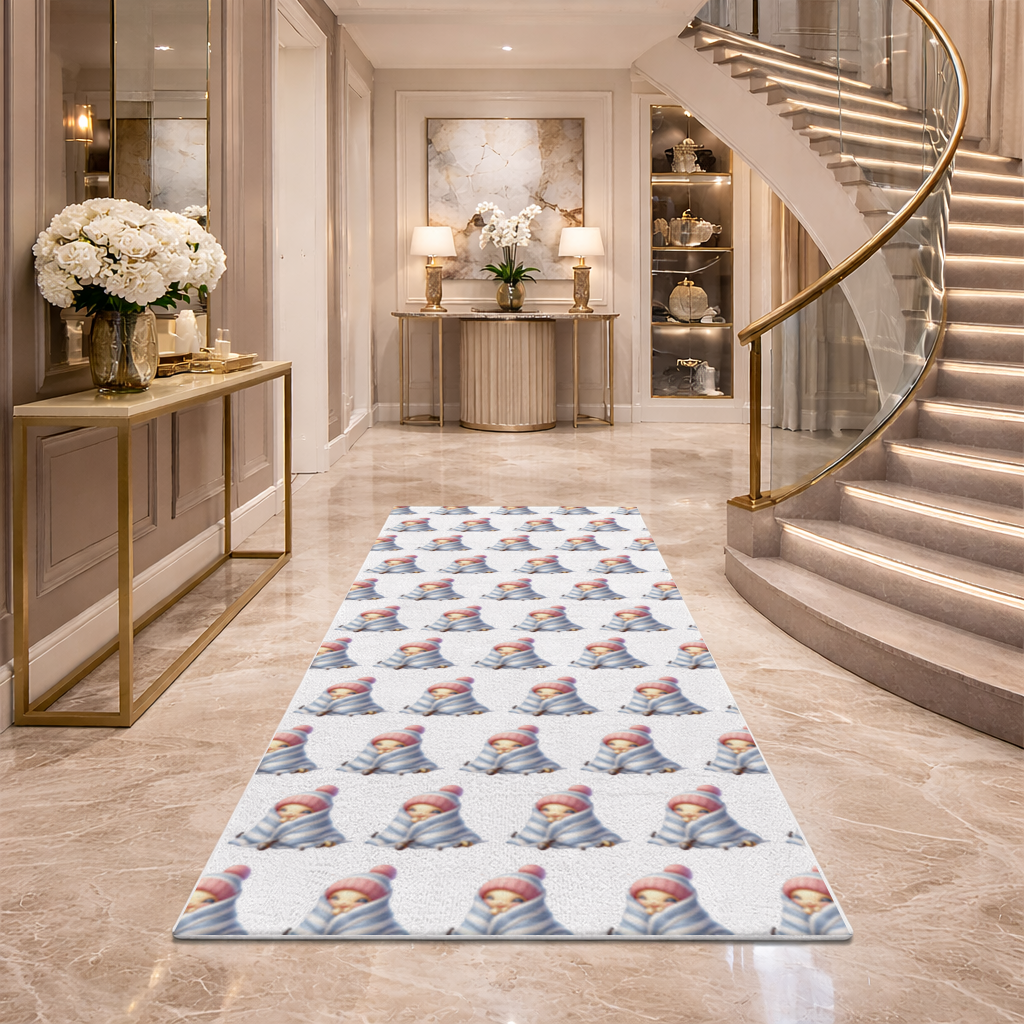 Kawaii Baby Bee in Pink Beanie Hallway & Entryway Rug
