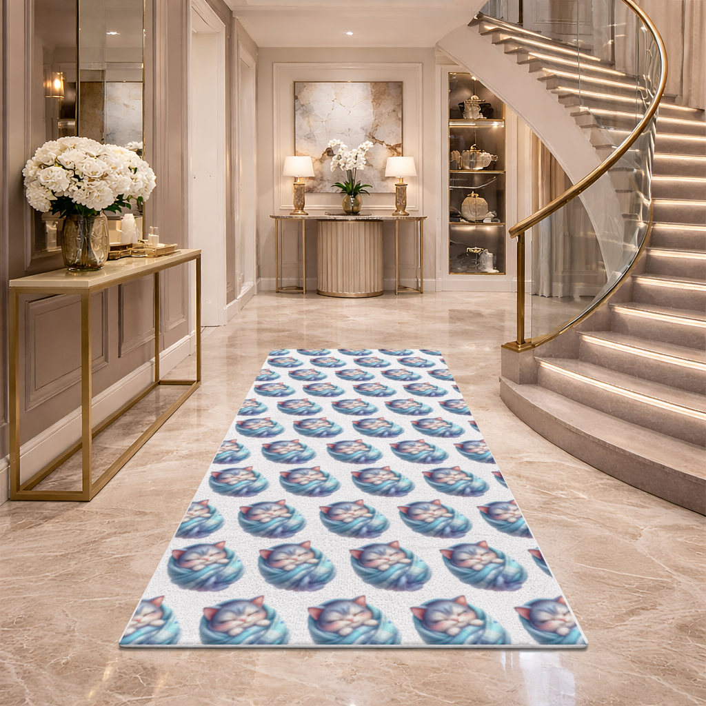 Kawaii Sleeping Kitten in Blue Swaddle Hallway & Entryway Rug
