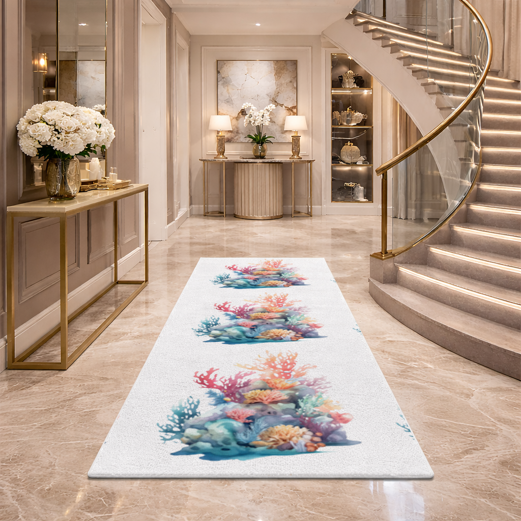 Vibrant Watercolor Coral Reef Scene Hallway & Entryway Rug