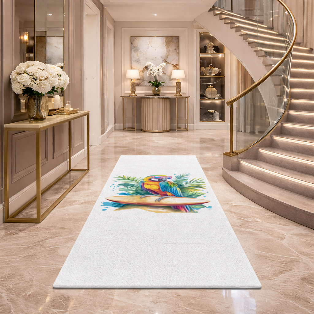 Surfing Parrot with Pink Sunglasses Hallway & Entryway Rug