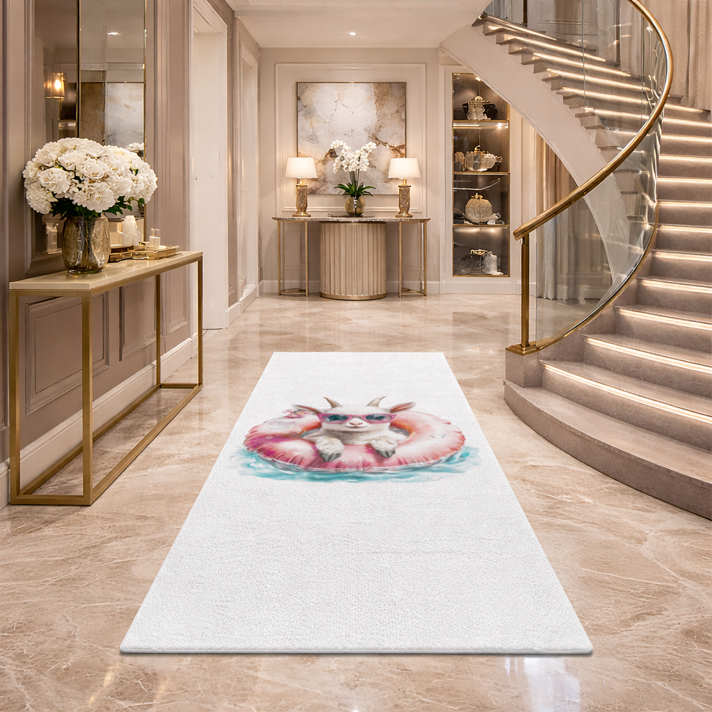 Baby Goat in Pink Pool Ring Hallway & Entryway Rug