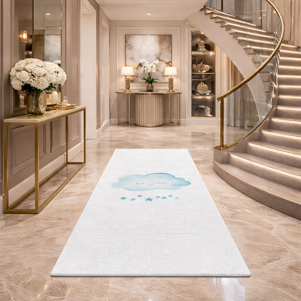 Watercolor Sleepy Cloud and Blue Stars Hallway & Entryway Rug