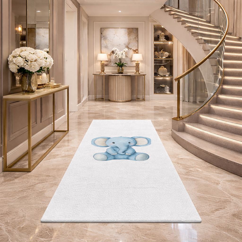 Cute Blue Watercolor Baby Elephant Hallway & Entryway Rug