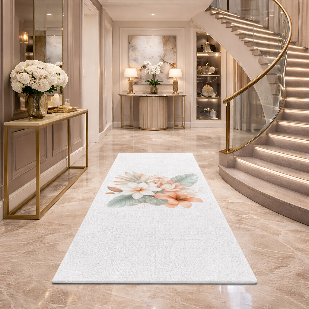Soft Peach Tropical Floral Bouquet Hallway & Entryway Rug