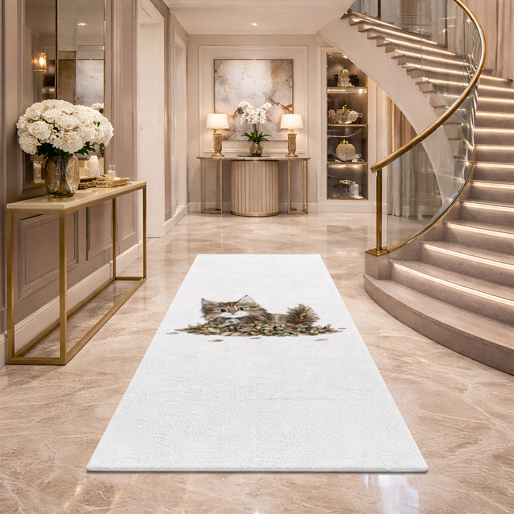 Cute Fluffy Kitten in Autumn Leaves Hallway & Entryway Rug