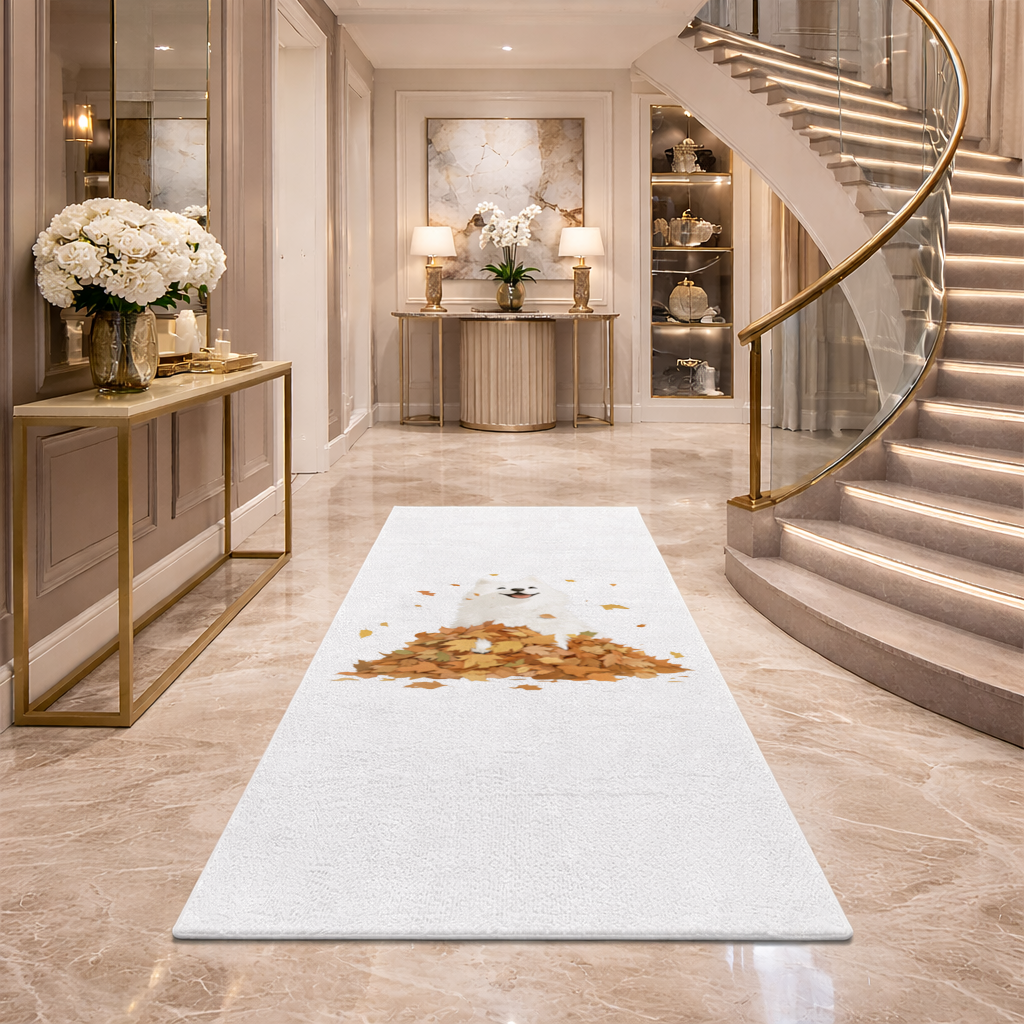 Happy White Dog in Autumn Leaves Hallway & Entryway Rug