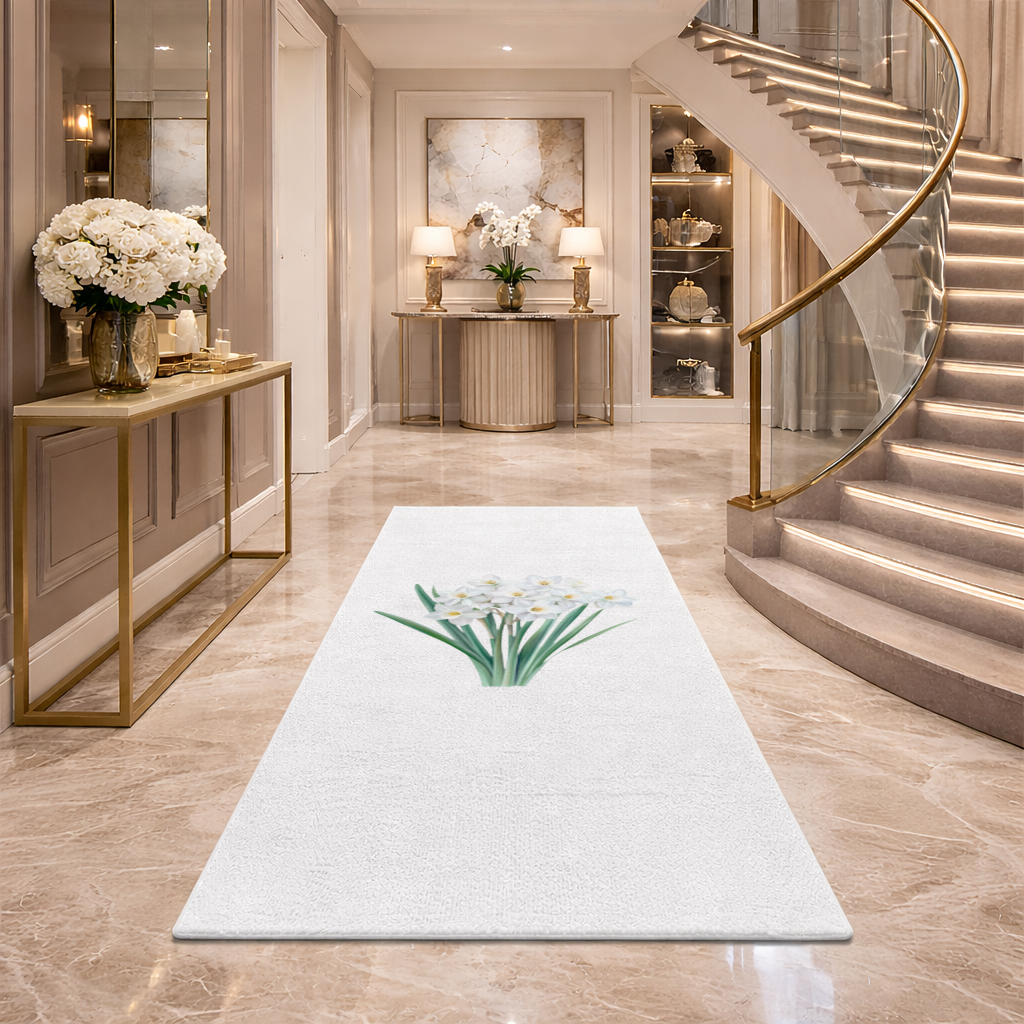White Daffodil Bouquet Botanical Hallway & Entryway Rug