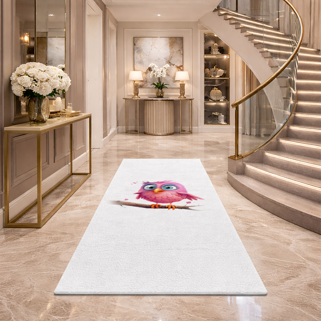 Cute Pink Bird with Large Blue Eyes Hallway & Entryway Rug