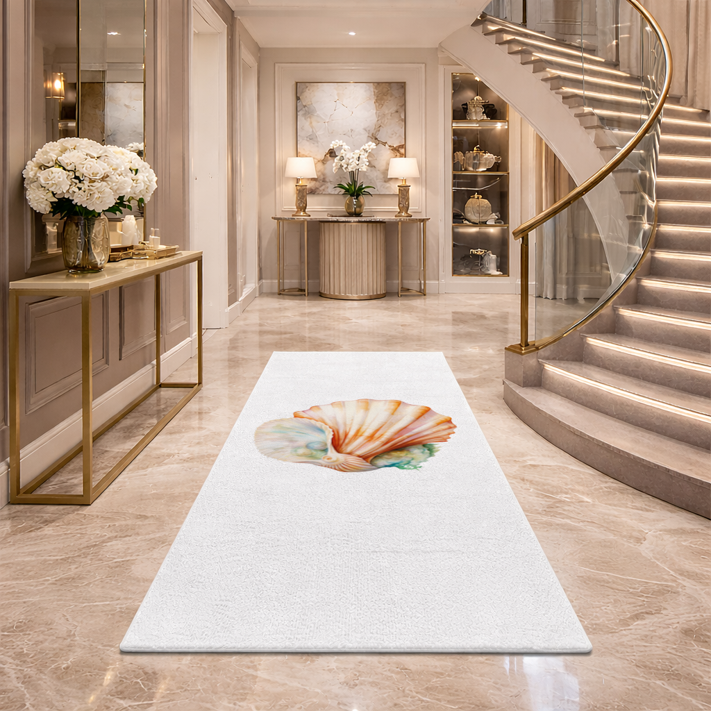 Iridescent Pearls in Orange Scallop Seashell Hallway & Entryway Rug