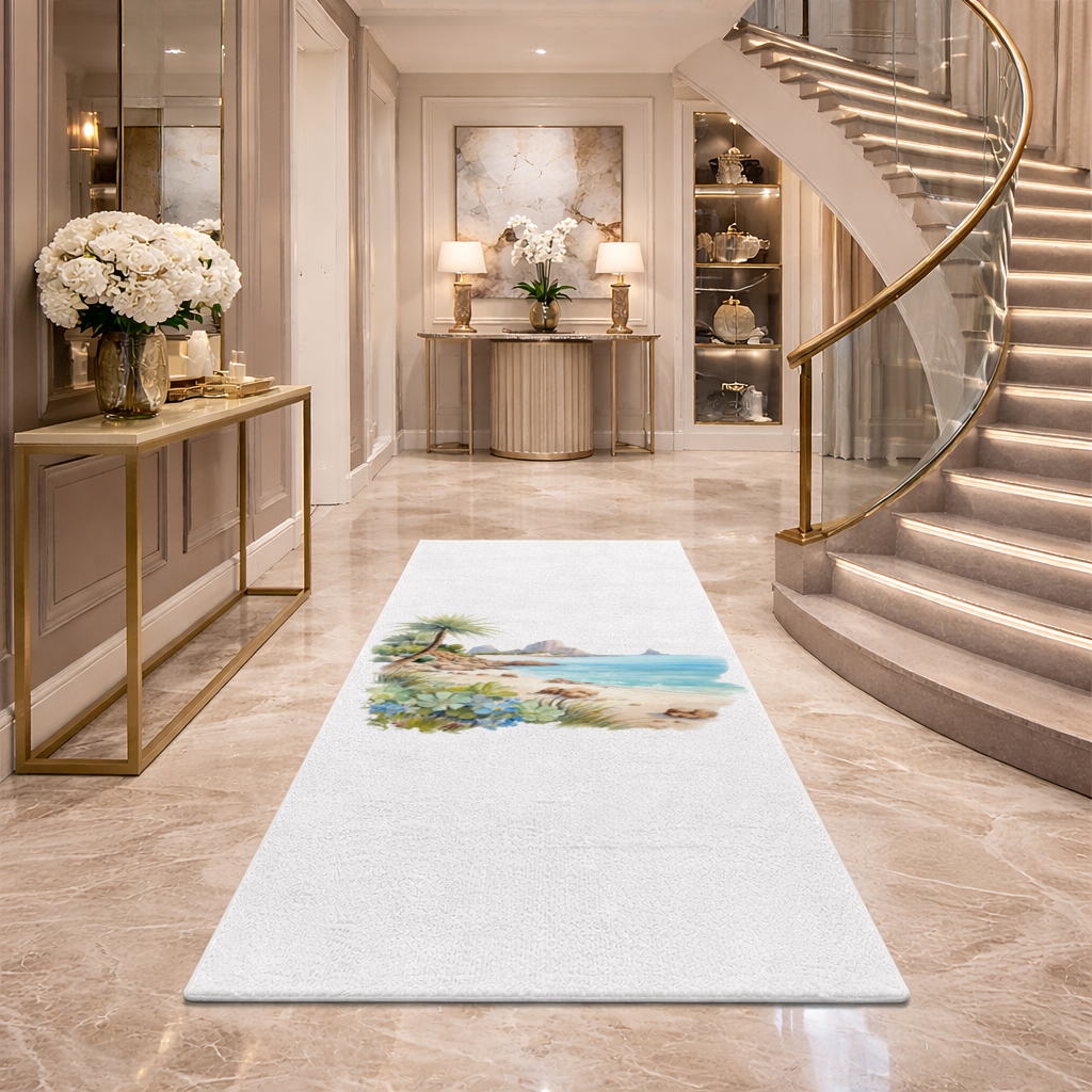 Tropical Palm Tree and Turquoise Sea Hallway & Entryway Rug