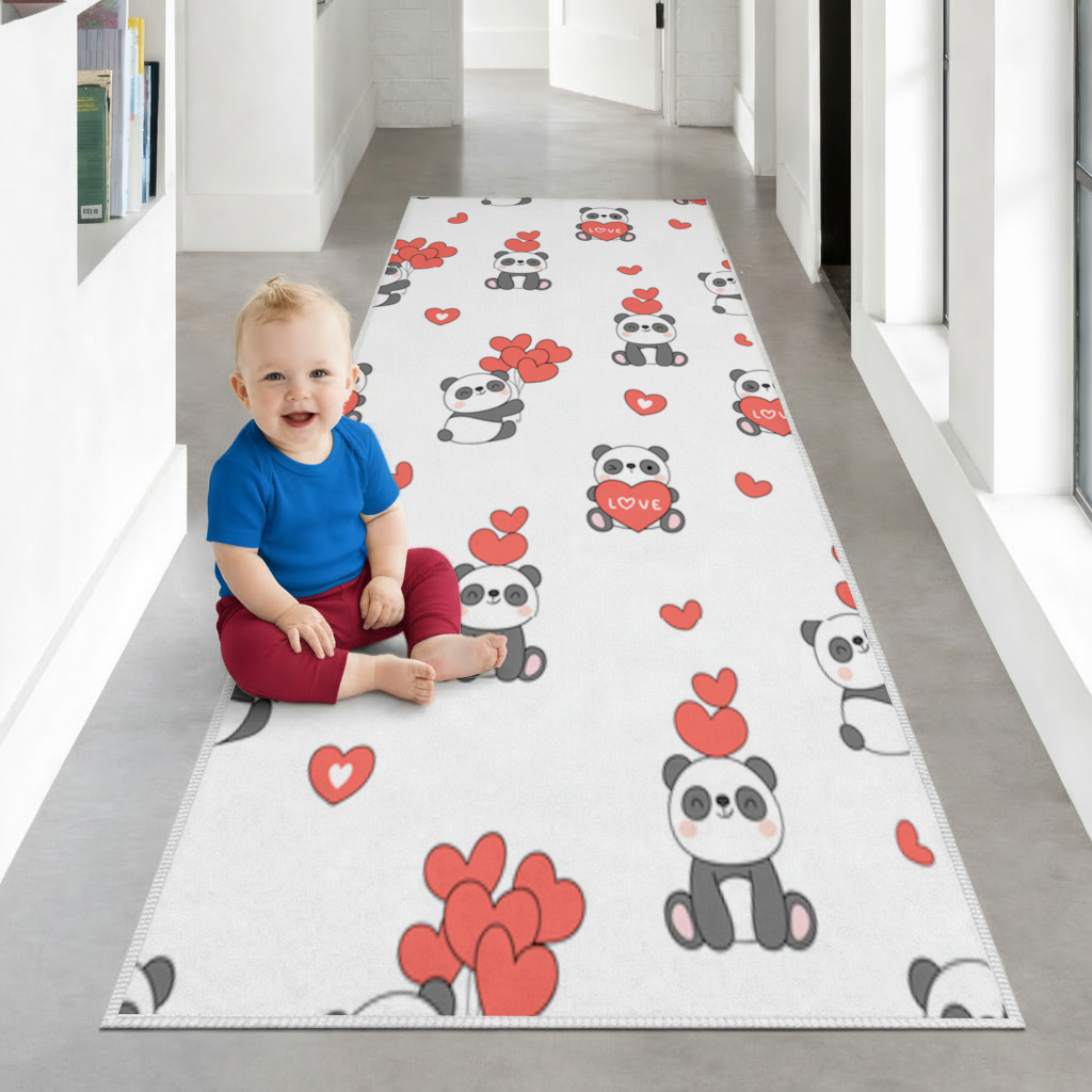 Cute Panda Valentines Day Love Heart Pattern Design Hallway & Entryway Rug