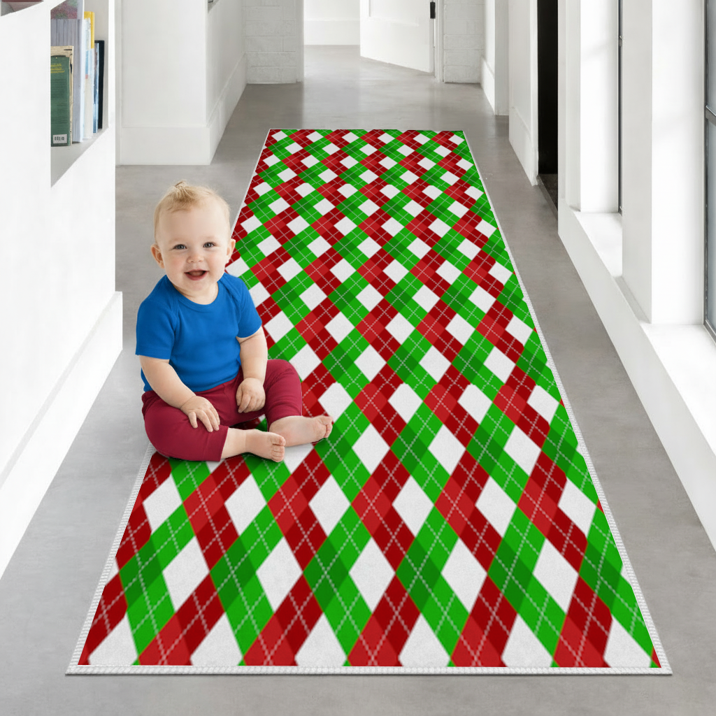 Red Green Argyle Plaid Background Pattern Hallway & Entryway Rug