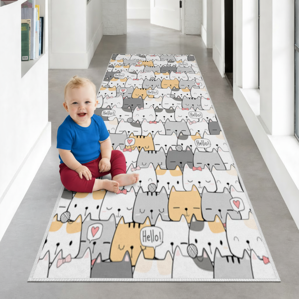 Cute Cartoon Cats Pattern with Speech Bubbles Hallway & Entryway Rug