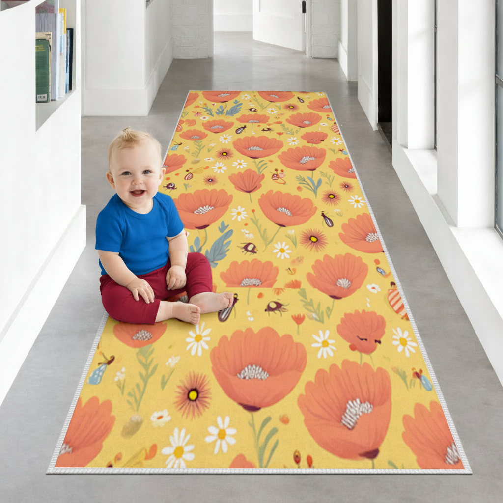 Floral Insect Pattern Colorful Design Hallway & Entryway Rug