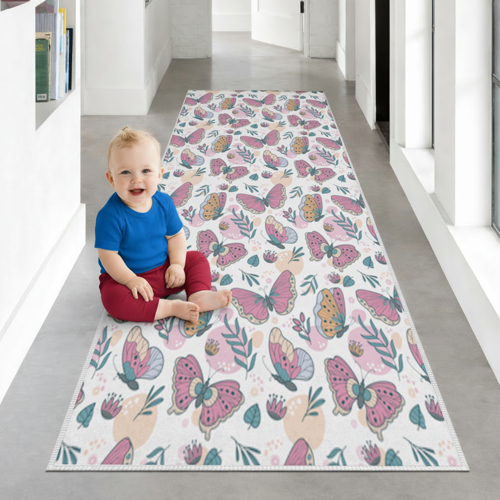 Pastel Butterflies and Botanical Leaves Seamless Pattern Hallway & Entryway Rug