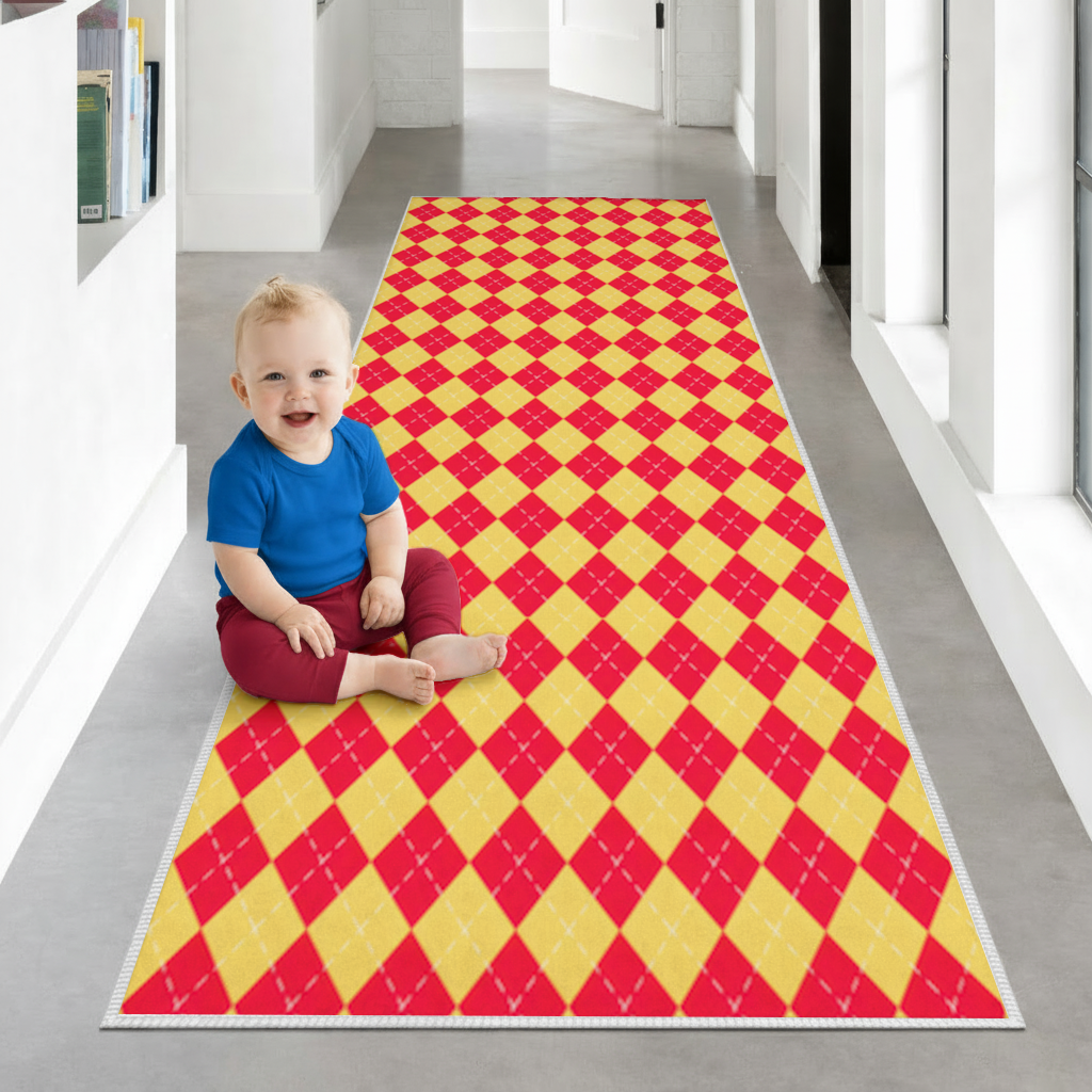 Red and Yellow Argyle Geometric Pattern Background Hallway & Entryway Rug