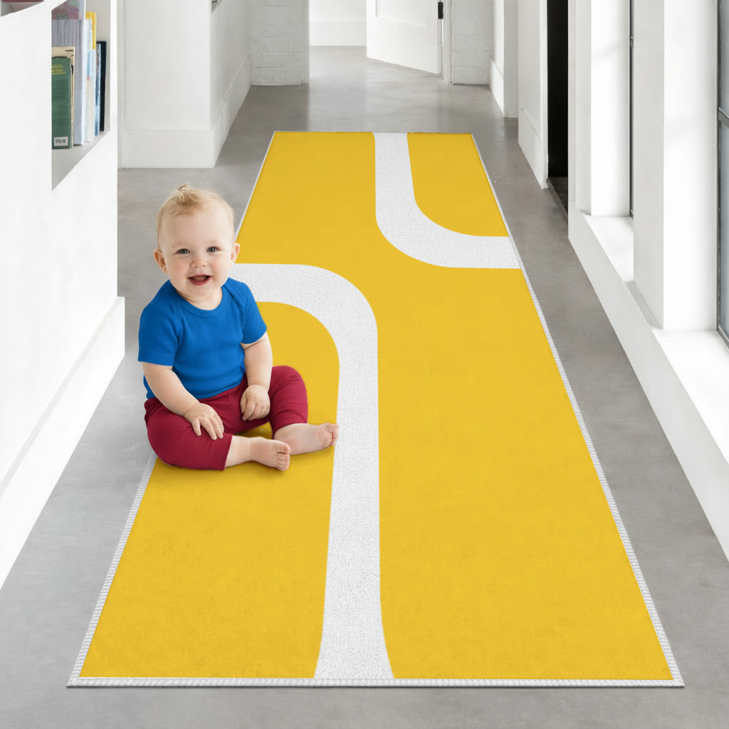 Yellow Geometric Labyrinth and Modern Abstract Pattern Hallway & Entryway Rug