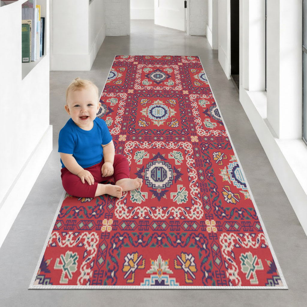 Traditional Kilim Inspired Red Ethnic Geometric Pattern Hallway & Entryway Rug