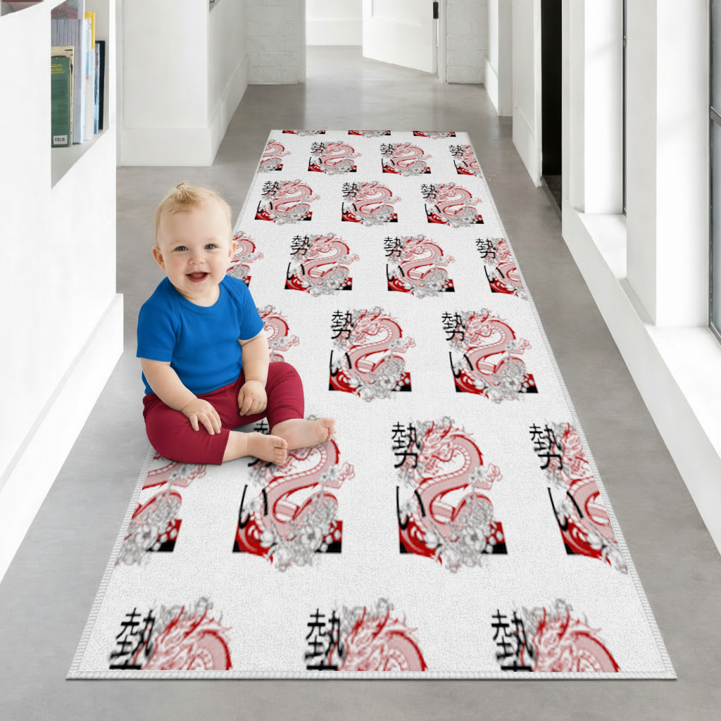 Japanese Dragon with Floral Design Hallway & Entryway Rug