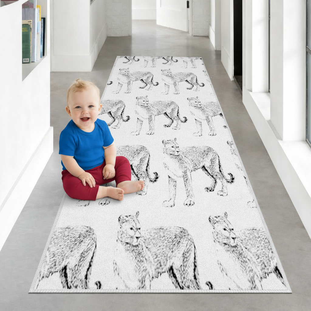 Black and White Wild Cat Sketch Illustration Hallway & Entryway Rug