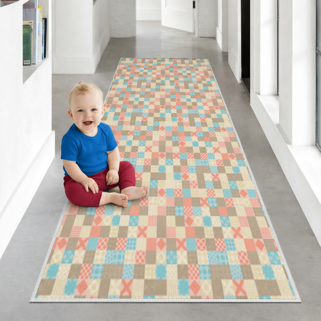 Renkli Modern Geometrik Kare Desen Antre ve Koridor Halısı