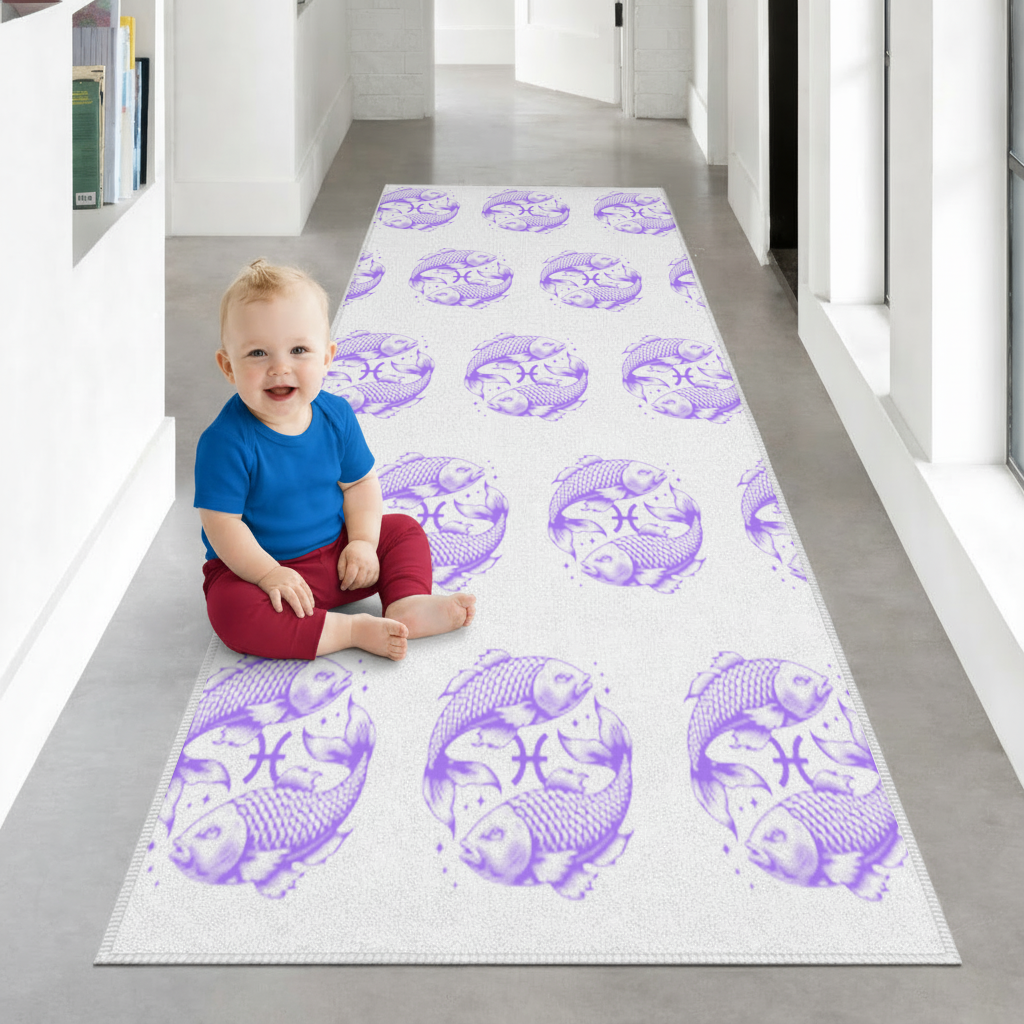 Pisces Zodiac Symbol with Purple Fish Art Hallway & Entryway Rug