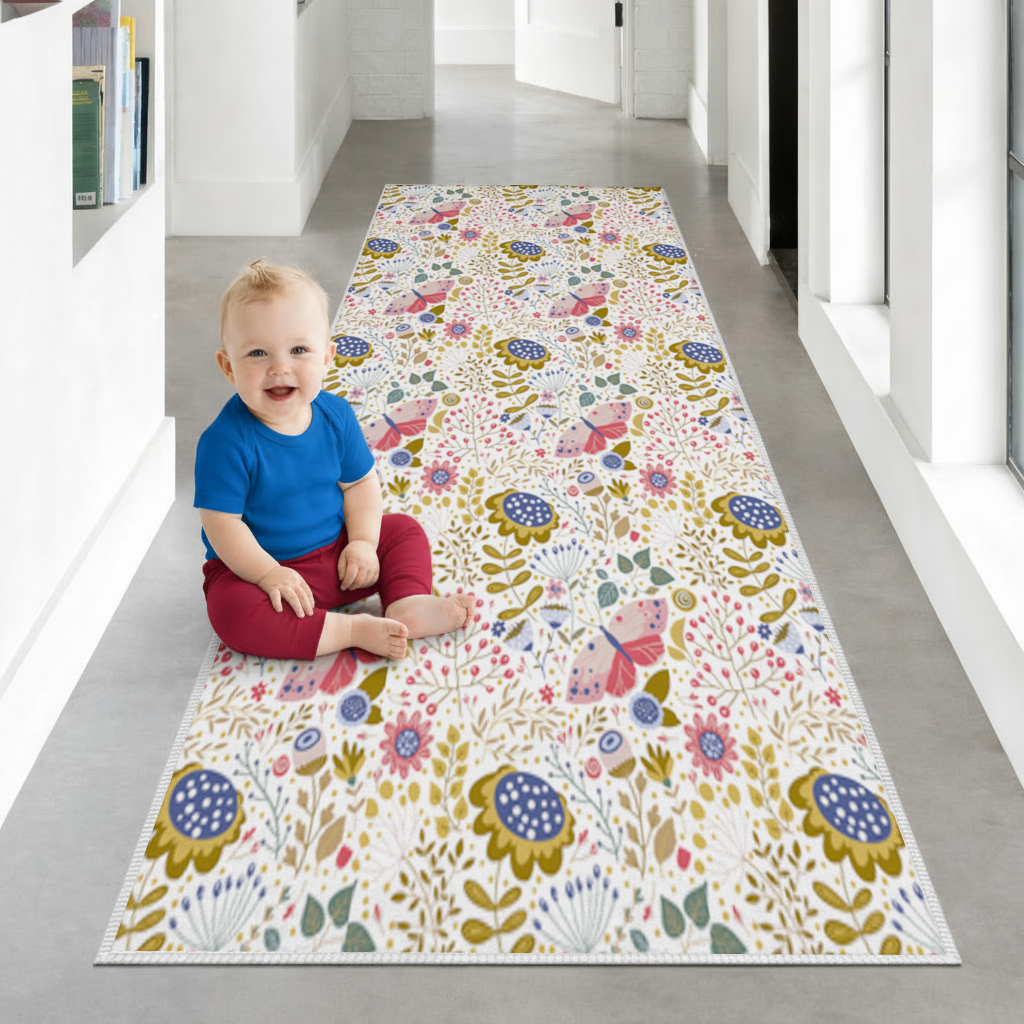 Folk Art Floral and Butterfly Pattern Hallway & Entryway Rug