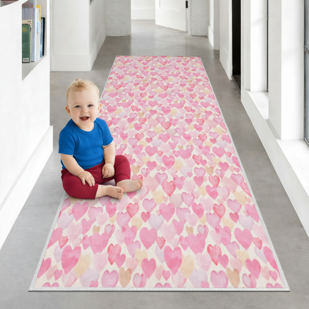 Watercolor Pink Hearts Hallway & Entryway Rug