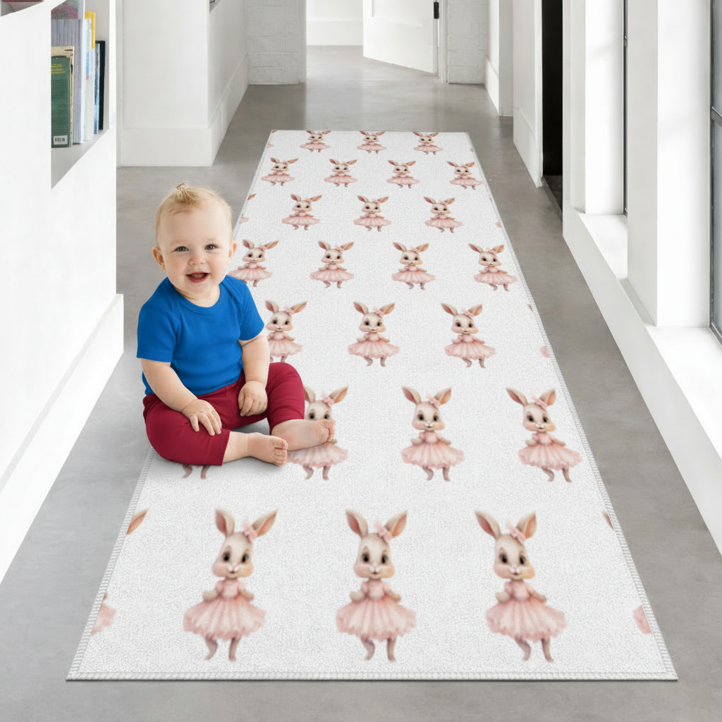 Kawaii Rabbit in Pink Ruffled Dress Hallway & Entryway Rug