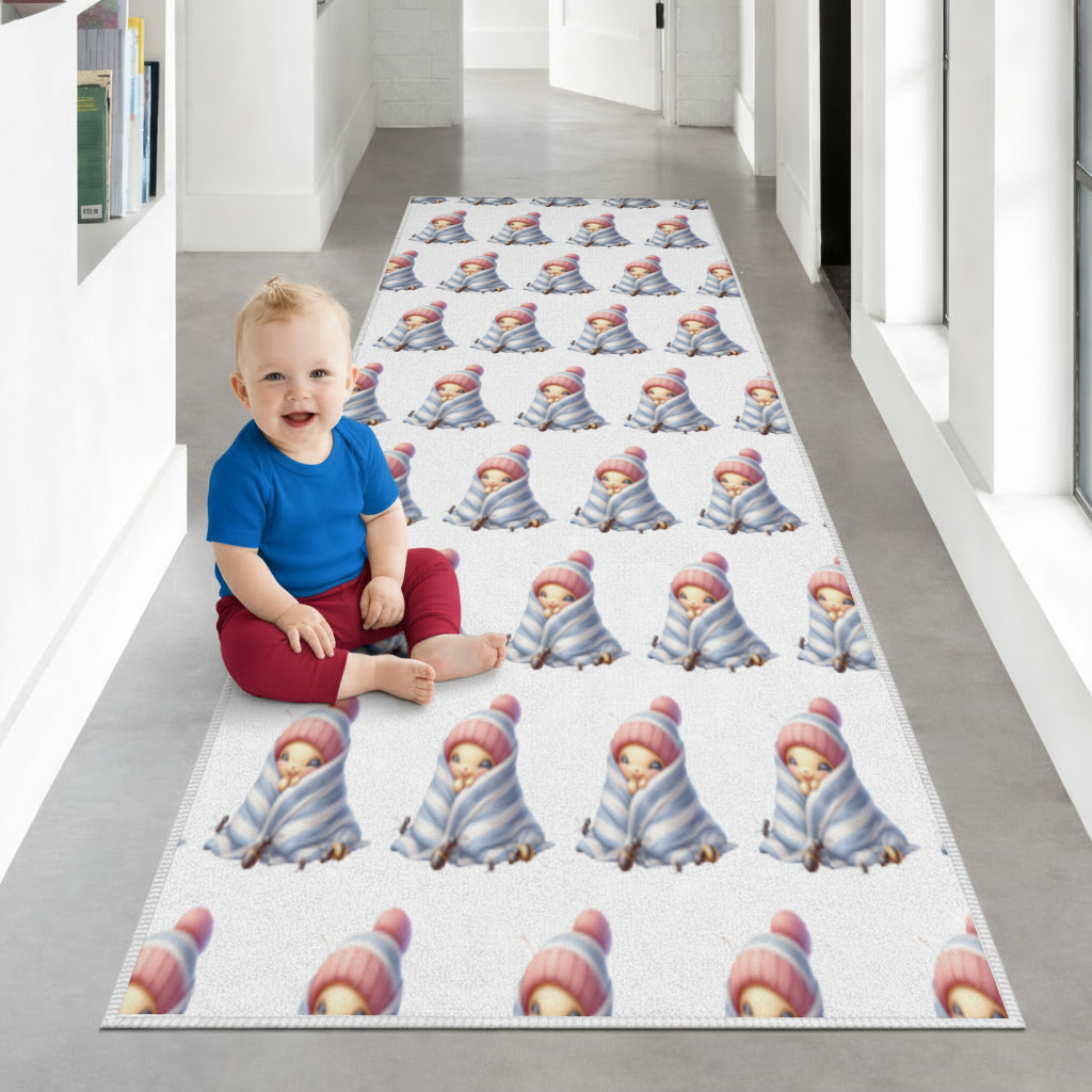 Kawaii Baby Bee in Pink Beanie Hallway & Entryway Rug
