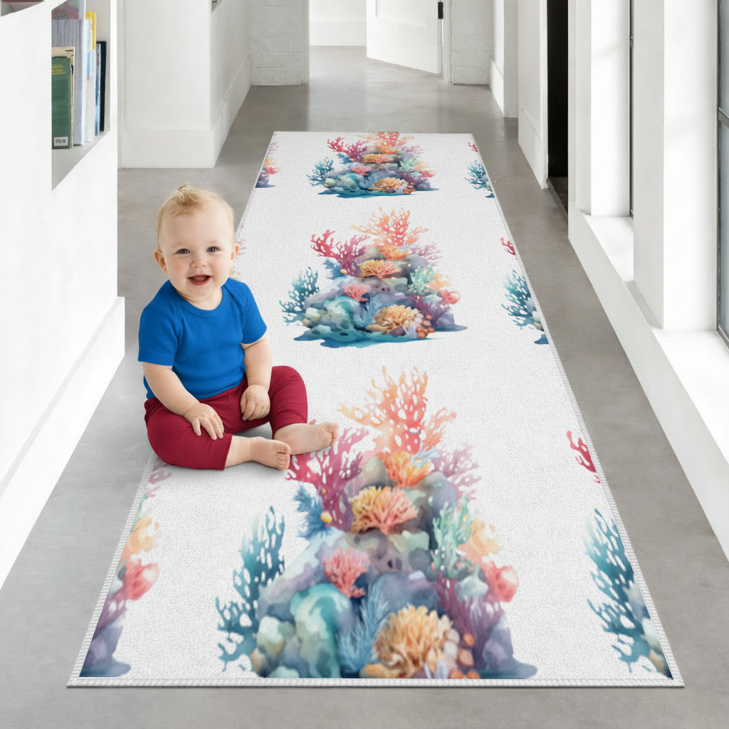 Vibrant Watercolor Coral Reef Scene Hallway & Entryway Rug