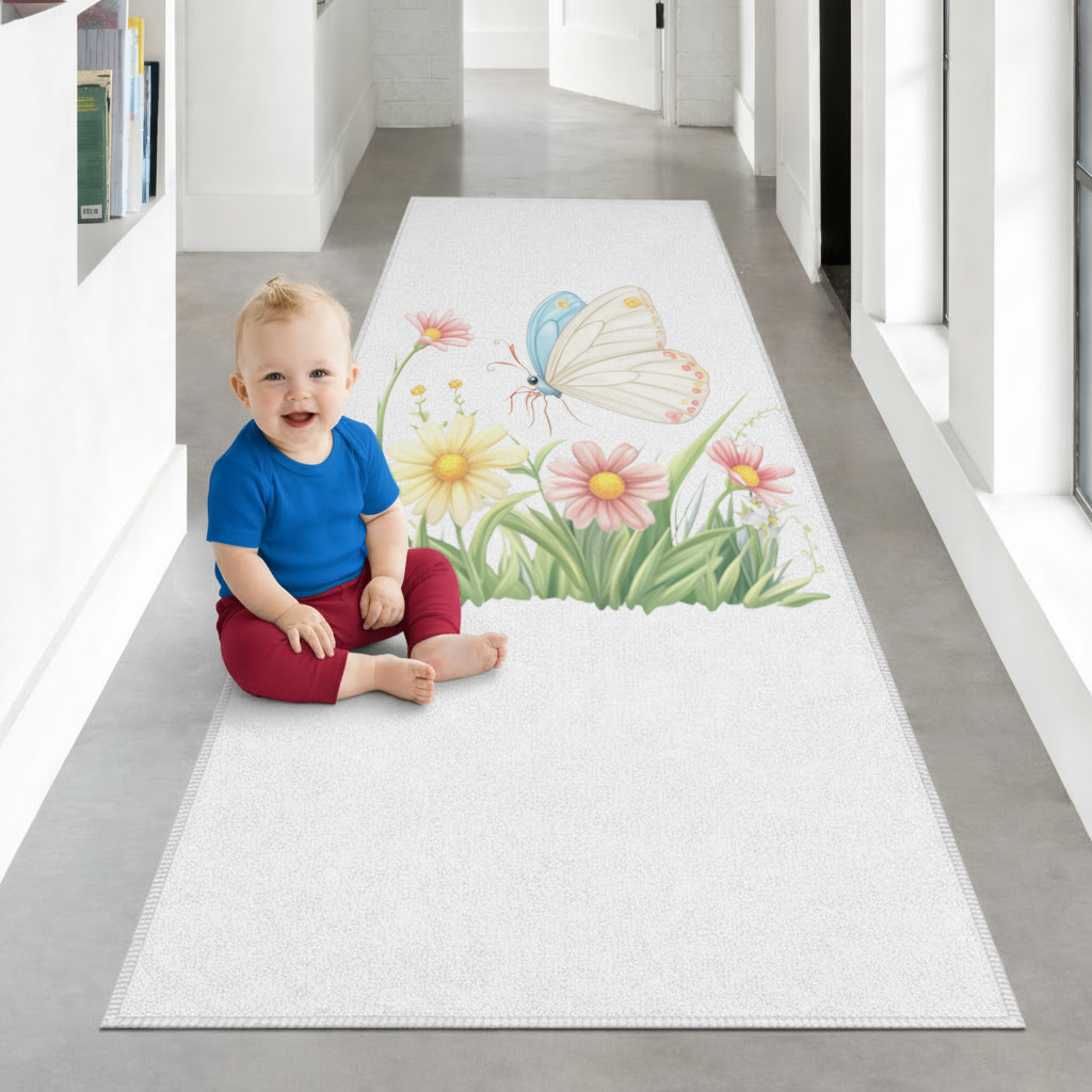 Whimsical Pastel Butterfly and Wildflowers Hallway & Entryway Rug