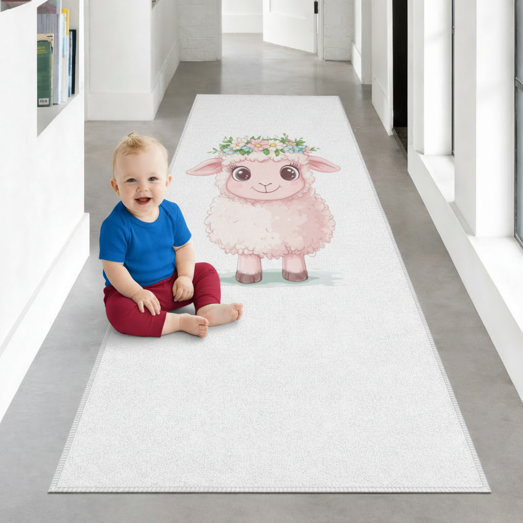 Kawaii Flower Crown Pink Lamb Hallway & Entryway Rug