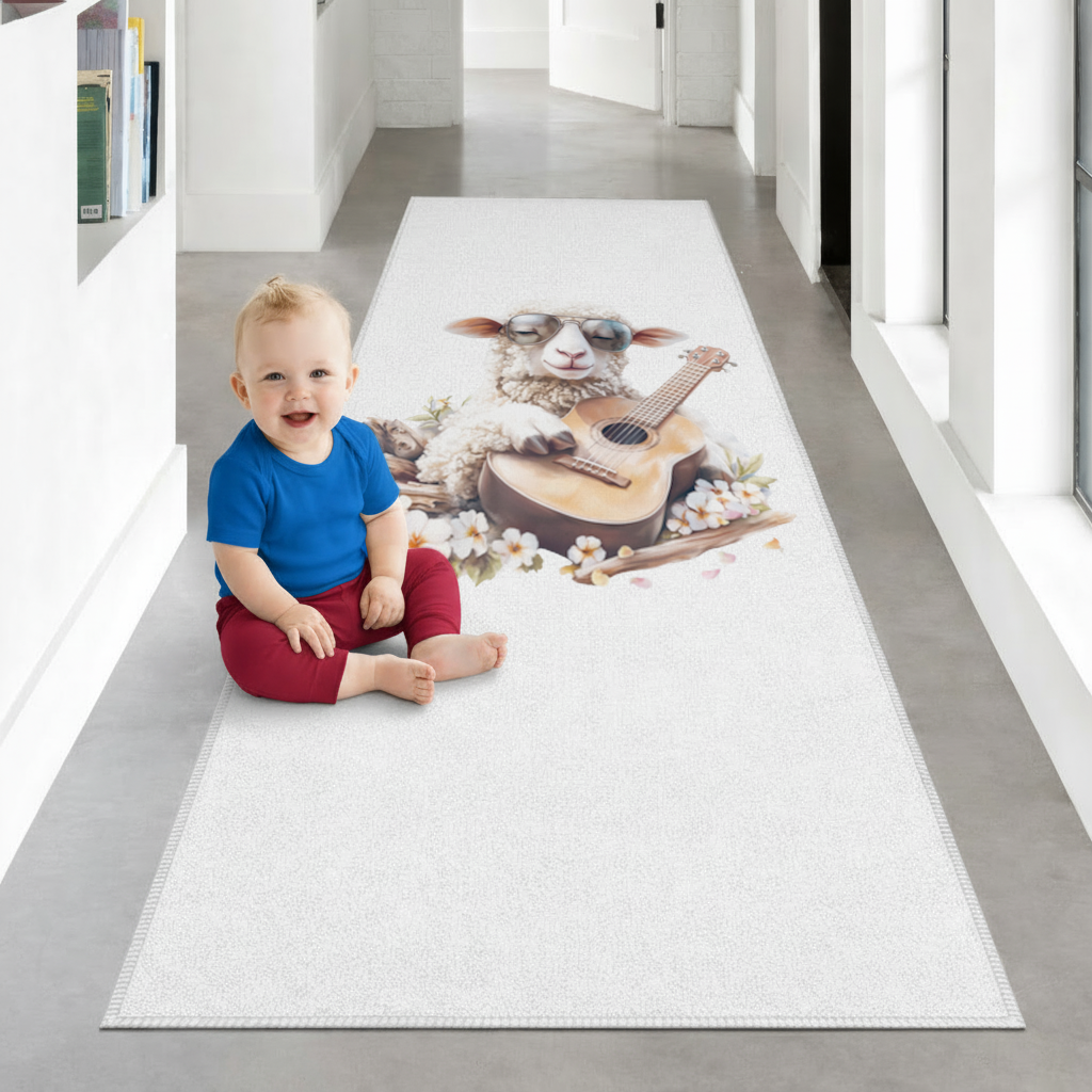 Cool Sheep Playing Ukulele with Flowers Hallway & Entryway Rug