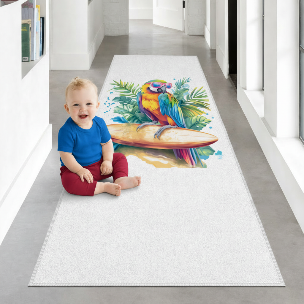 Surfing Parrot with Pink Sunglasses Hallway & Entryway Rug