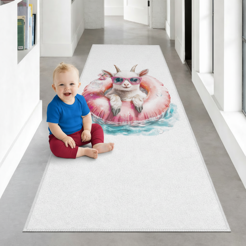 Baby Goat in Pink Pool Ring Hallway & Entryway Rug